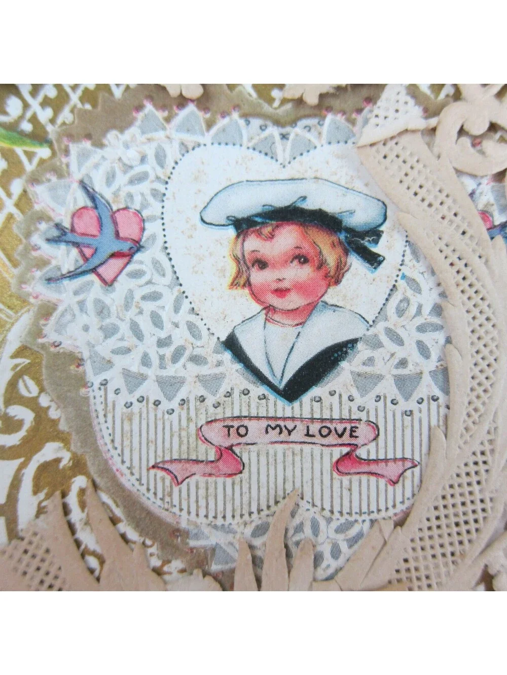 Antique Valentine Die cut Heart LARGE Boy Sailor Angel Girl Fishing UNSIGNED